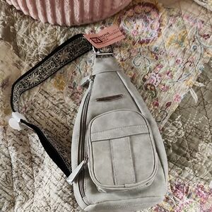 Stone Mountain Gray Suede Sling Bag with Metal Logo Plate